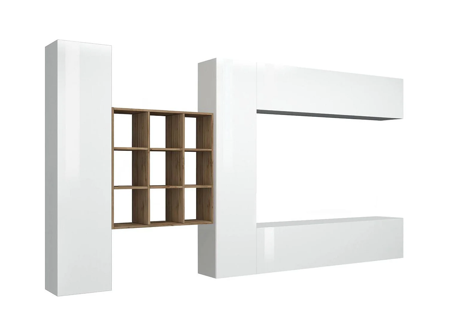 Système mural Dfallic, meuble TV 4 portes, Meuble de salon polyvalent, 100% Made in Italy, 350x30h180 cm, Blanc brillant