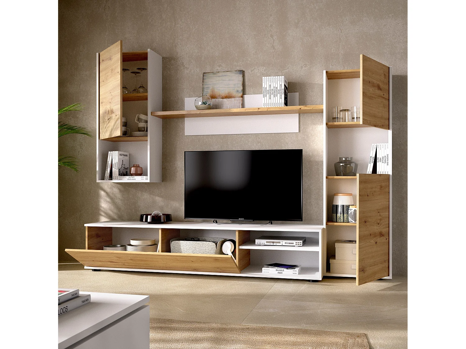 Système mural Dzuell, ensemble de salon meuble TV, meuble de salon polyvalent, 220x41h180 cm, Chêne noué et blanc