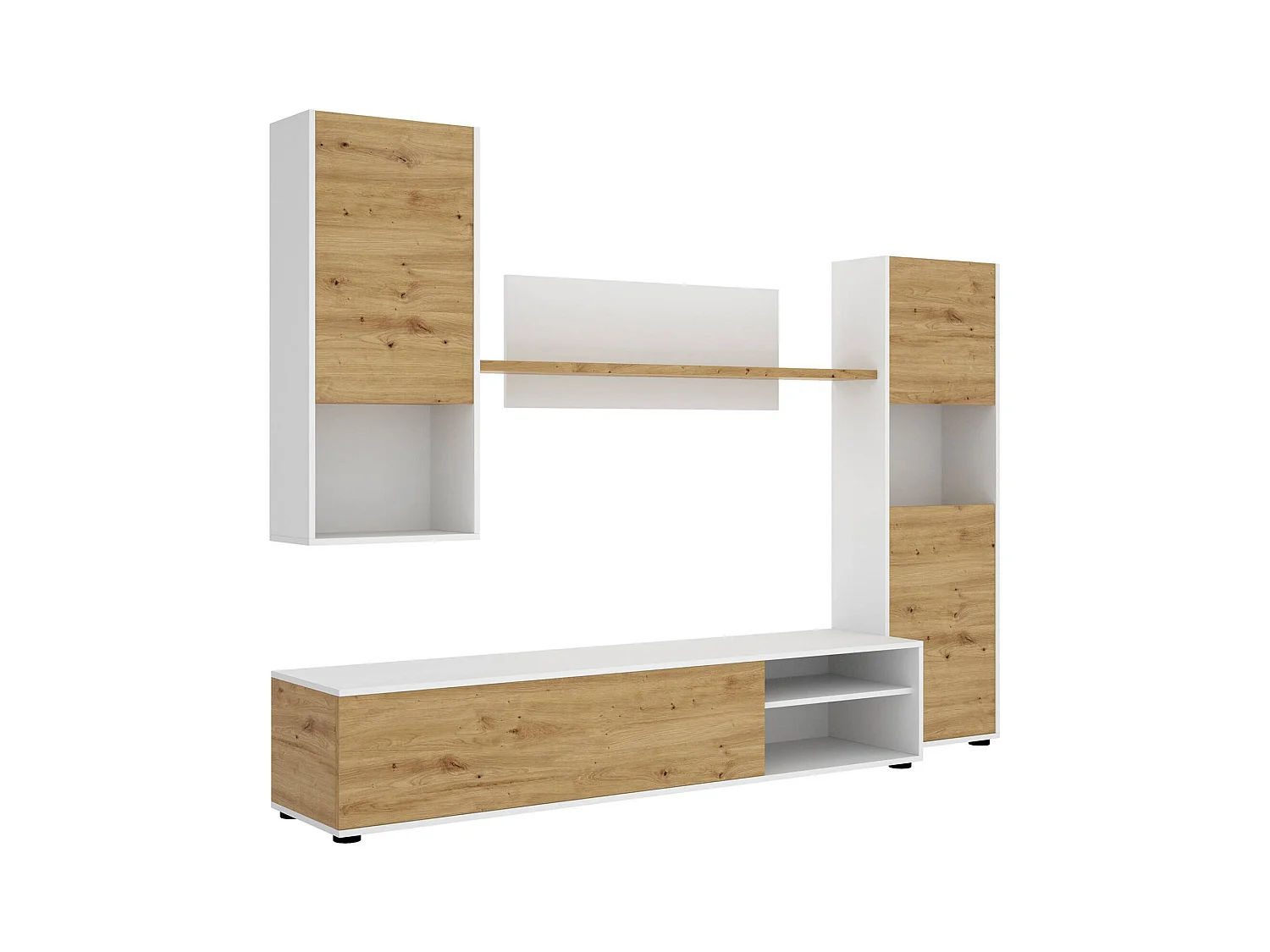 Système mural Dzuell, ensemble de salon meuble TV, meuble de salon polyvalent, 220x41h180 cm, Chêne noué et blanc