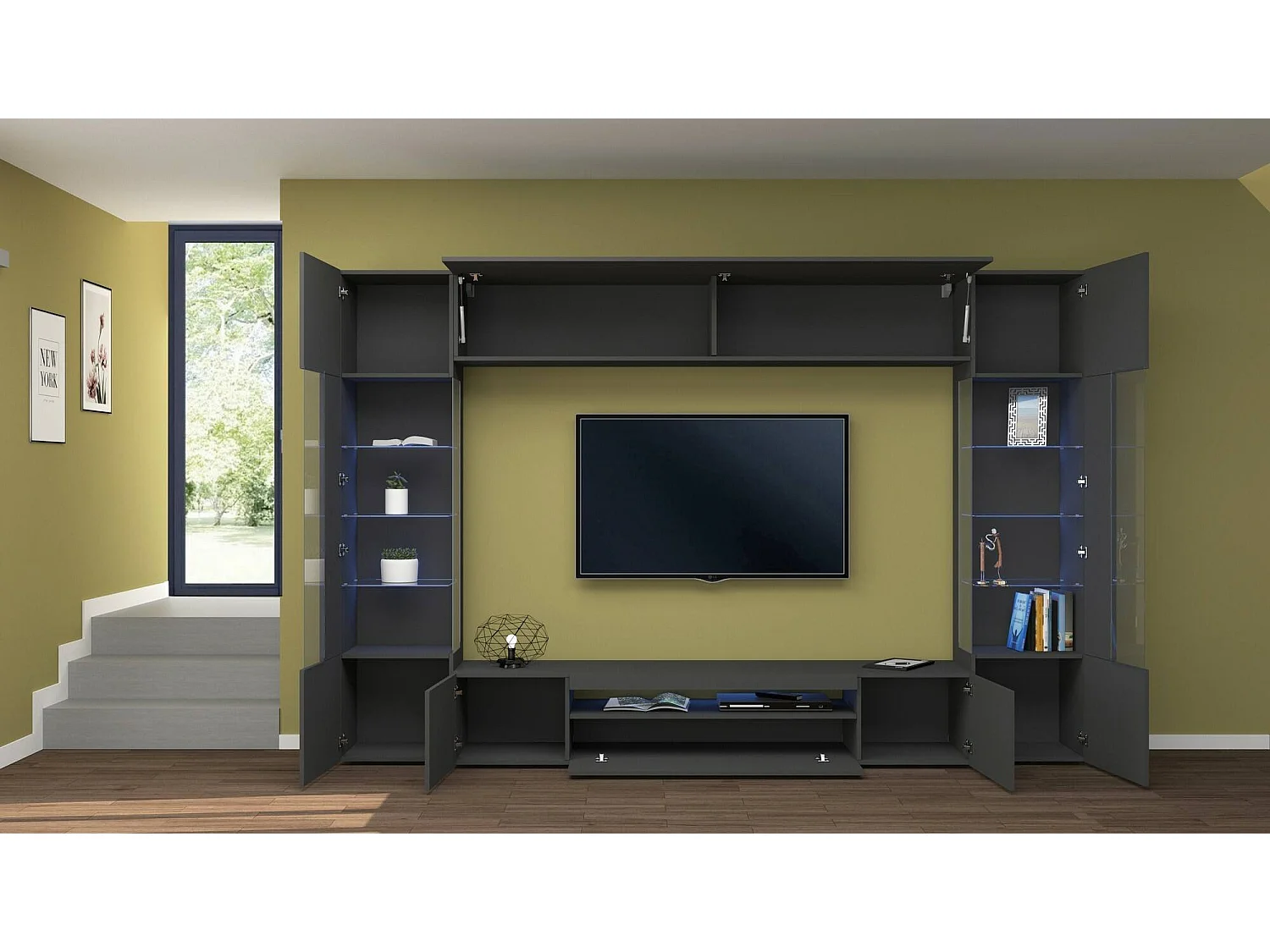 Système mural Dberard, meuble TV 6 portes, meuble de salon polyvalent avec lumière LED, 100% Made in Italy, 290x40h191 cm, Anthracite