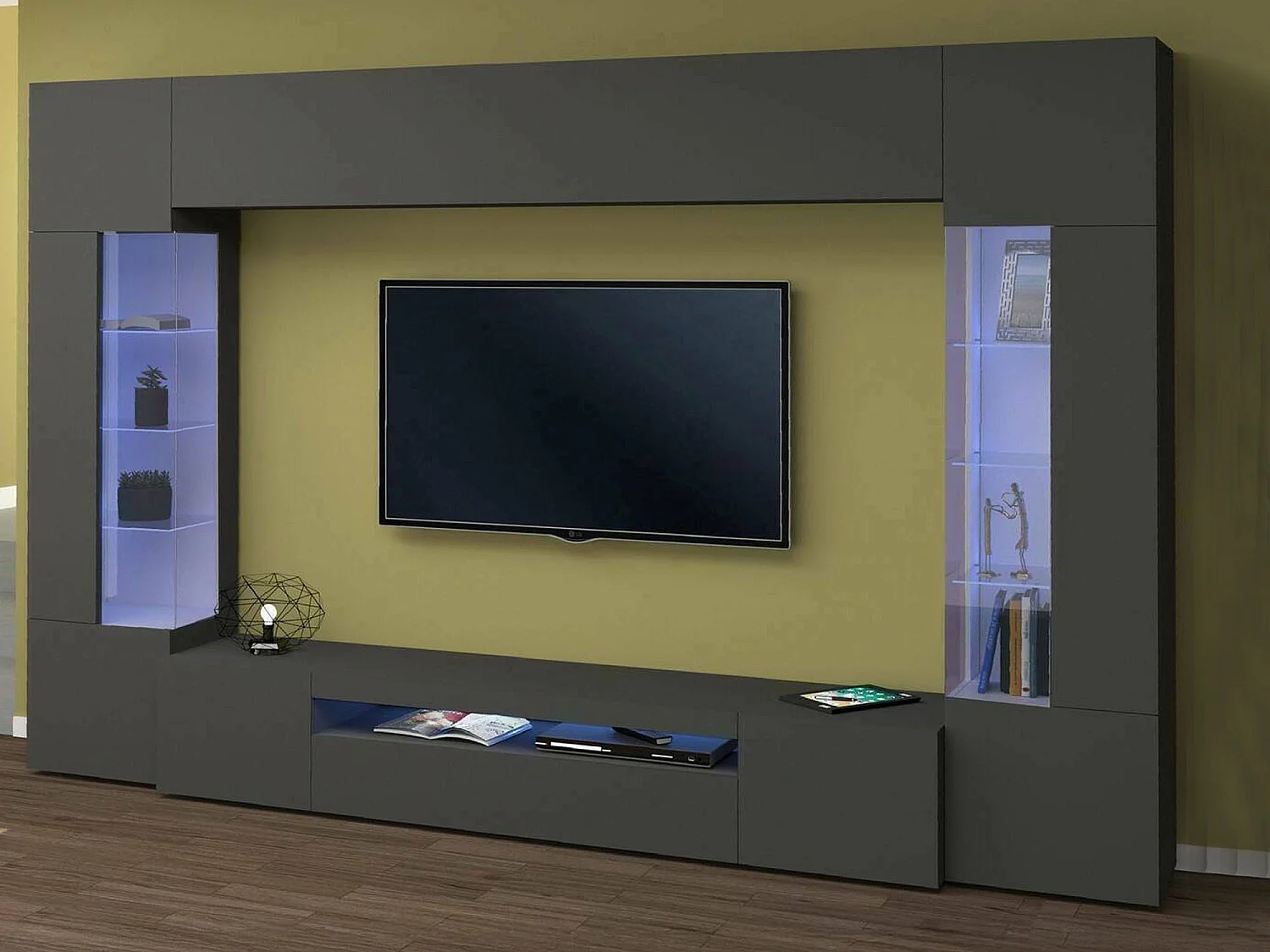 Système mural Dberard, meuble TV 6 portes, meuble de salon polyvalent avec lumière LED, 100% Made in Italy, 290x40h191 cm, Anthracite