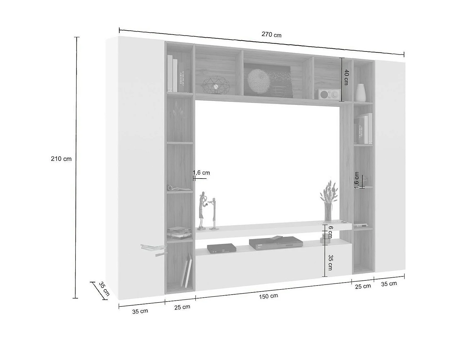 Élément mural Ddragon, meuble TV 3 portes, Meuble de salon polyvalent, 100% Made in Italy, 270x35h210 cm, Blanc brillant et chêne