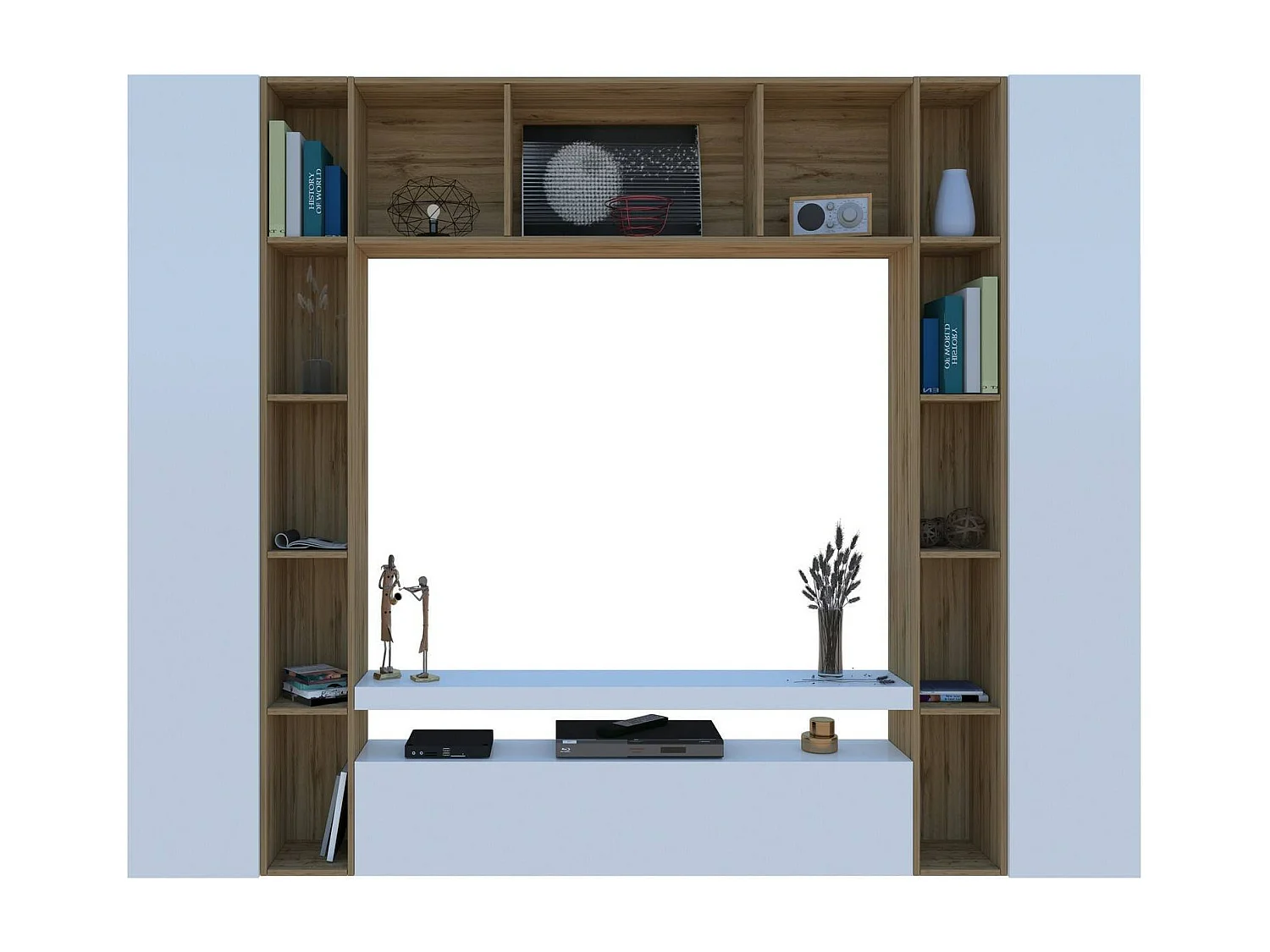 Élément mural Ddragon, meuble TV 3 portes, Meuble de salon polyvalent, 100% Made in Italy, 270x35h210 cm, Blanc brillant et chêne