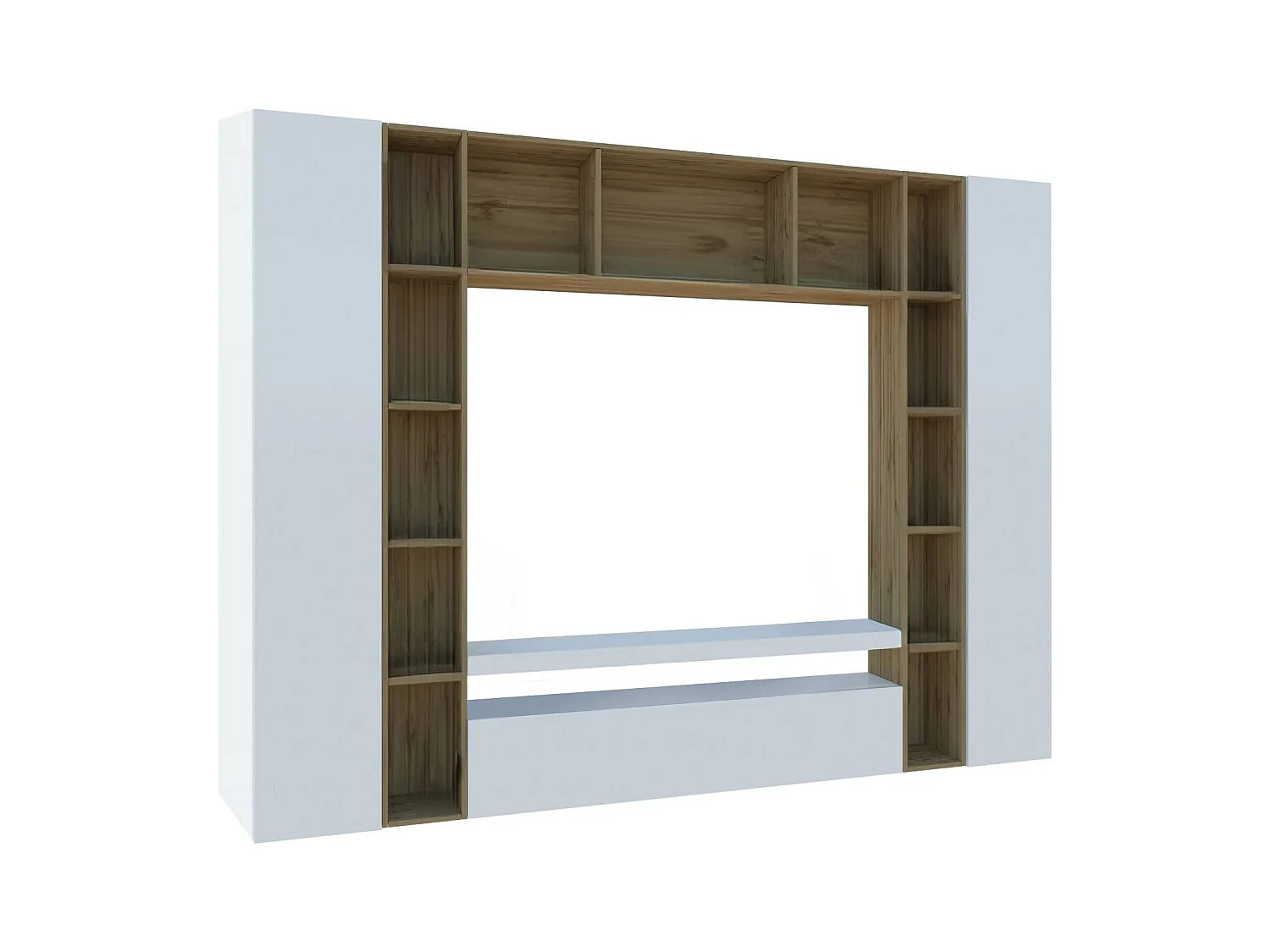Élément mural Ddragon, meuble TV 3 portes, Meuble de salon polyvalent, 100% Made in Italy, 270x35h210 cm, Blanc brillant et chêne