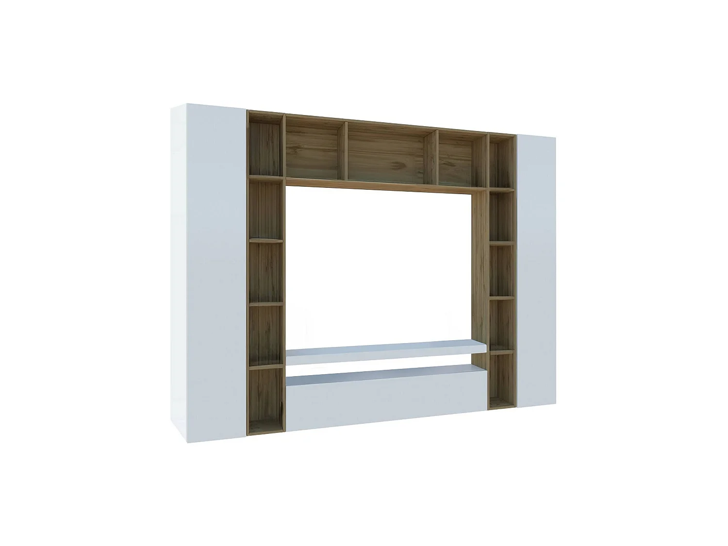 Élément mural Ddragon, meuble TV 3 portes, Meuble de salon polyvalent, 100% Made in Italy, 270x35h210 cm, Blanc brillant et chêne