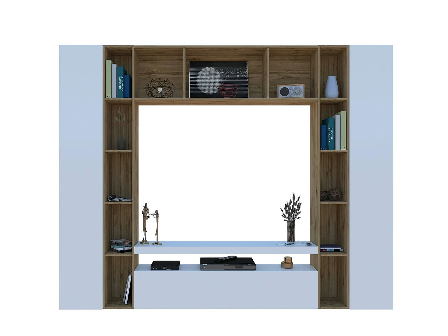 Élément mural Ddragon, meuble TV 3 portes, Meuble de salon polyvalent, 100% Made in Italy, 270x35h210 cm, Blanc brillant et chêne