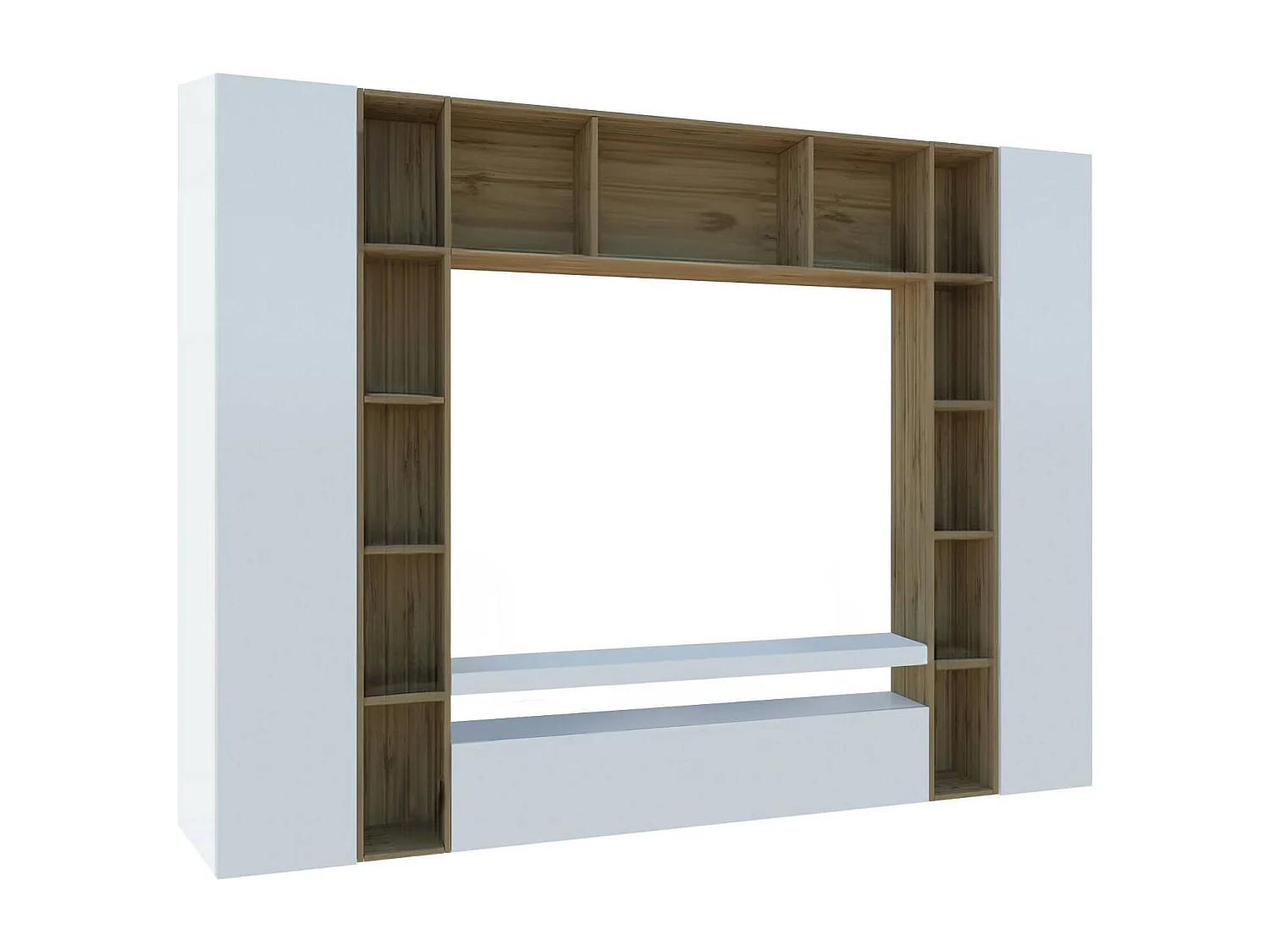 Móvel de parede Ddragon, conjunto de sala de TV com 3 portas, móveis de sala multiuso, 100% fabricado na Itália, 270x35h210 cm, branco brilhante e carvalho