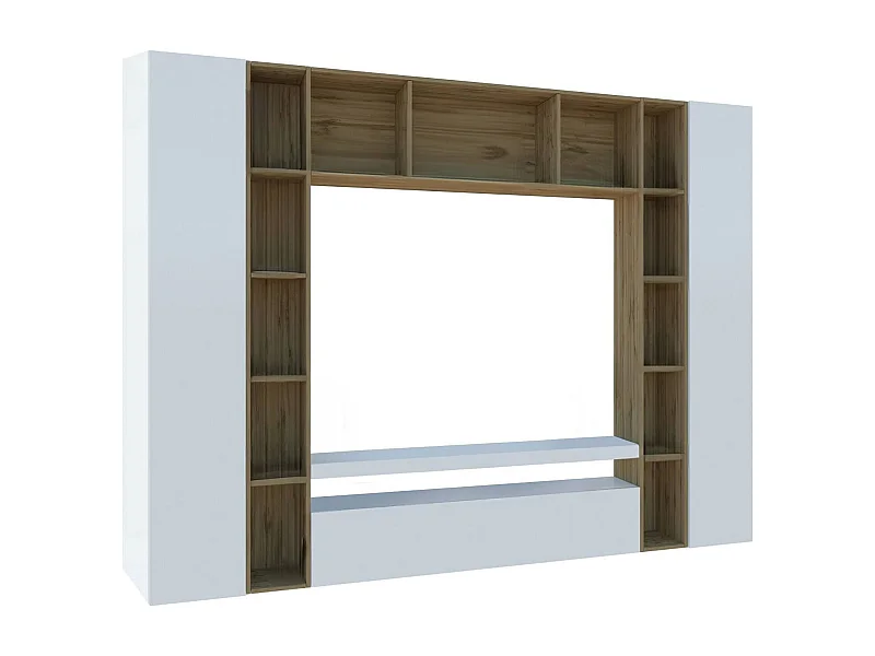 Móvel de parede Ddragon, conjunto de sala de TV com 3 portas, móveis de sala multiuso, 100% fabricado na Itália, 270x35h210 cm, branco brilhante e carvalho