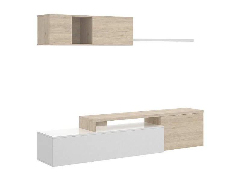 Sistema de parede Dagnell, conjunto modular de sala de canto, móvel de sala de TV multiposições, 201x41h180 cm, branco e carvalho