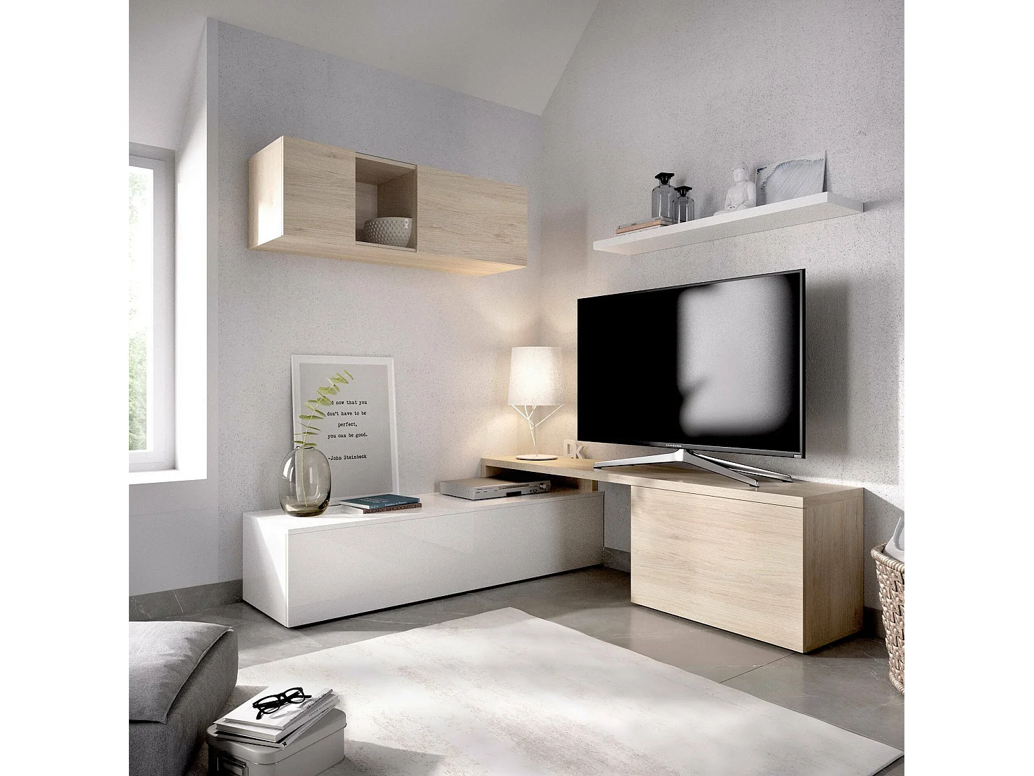 Dagnell wandsysteem, Modulaire hoekwoonkamerset, TV-meubel met meerdere posities, woonkamermeubel, 201x41h180 cm, Wit en Eiken