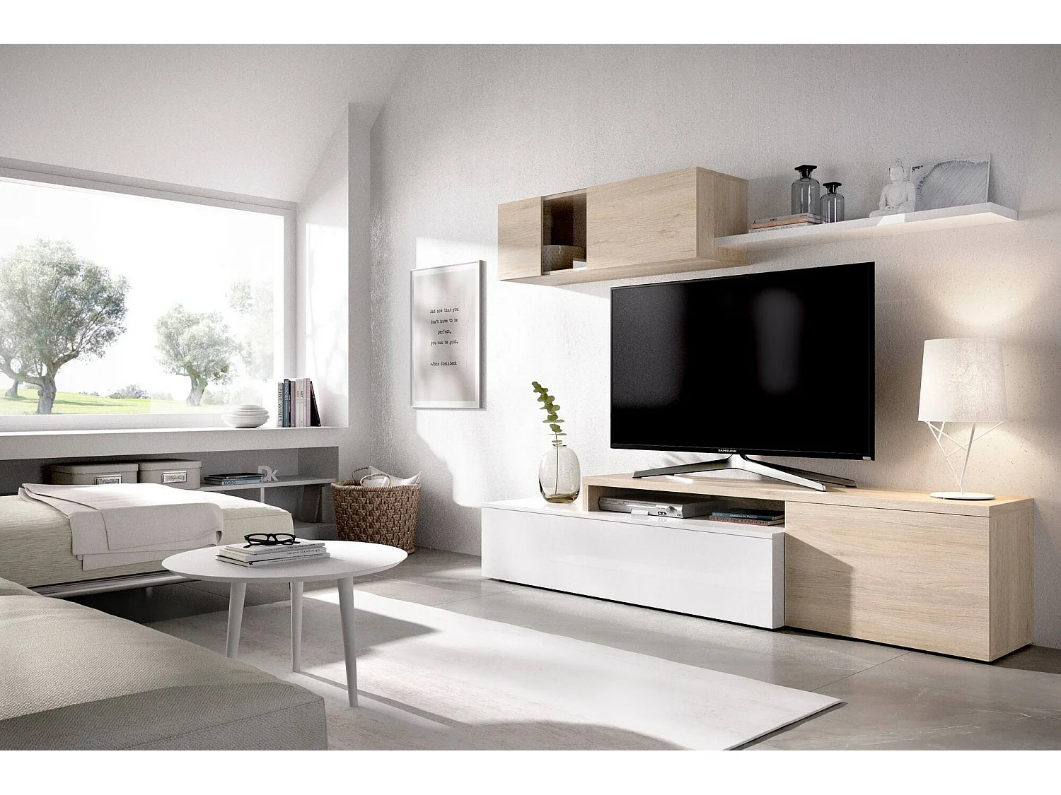 Dagnell wandsysteem, Modulaire hoekwoonkamerset, TV-meubel met meerdere posities, woonkamermeubel, 201x41h180 cm, Wit en Eiken