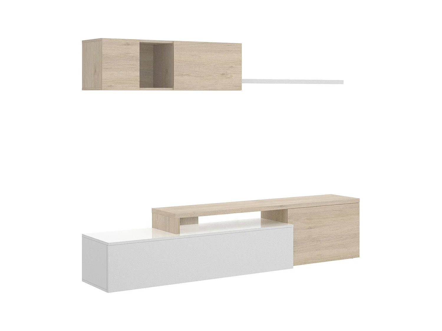 Dagnell wandsysteem, Modulaire hoekwoonkamerset, TV-meubel met meerdere posities, woonkamermeubel, 201x41h180 cm, Wit en Eiken