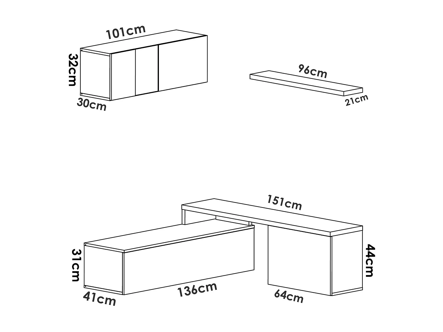 Système mural Dagnell, Ensemble de salon d'angle modulable, Meuble TV multi-positions, 201x41h180 cm, Blanc et Chêne