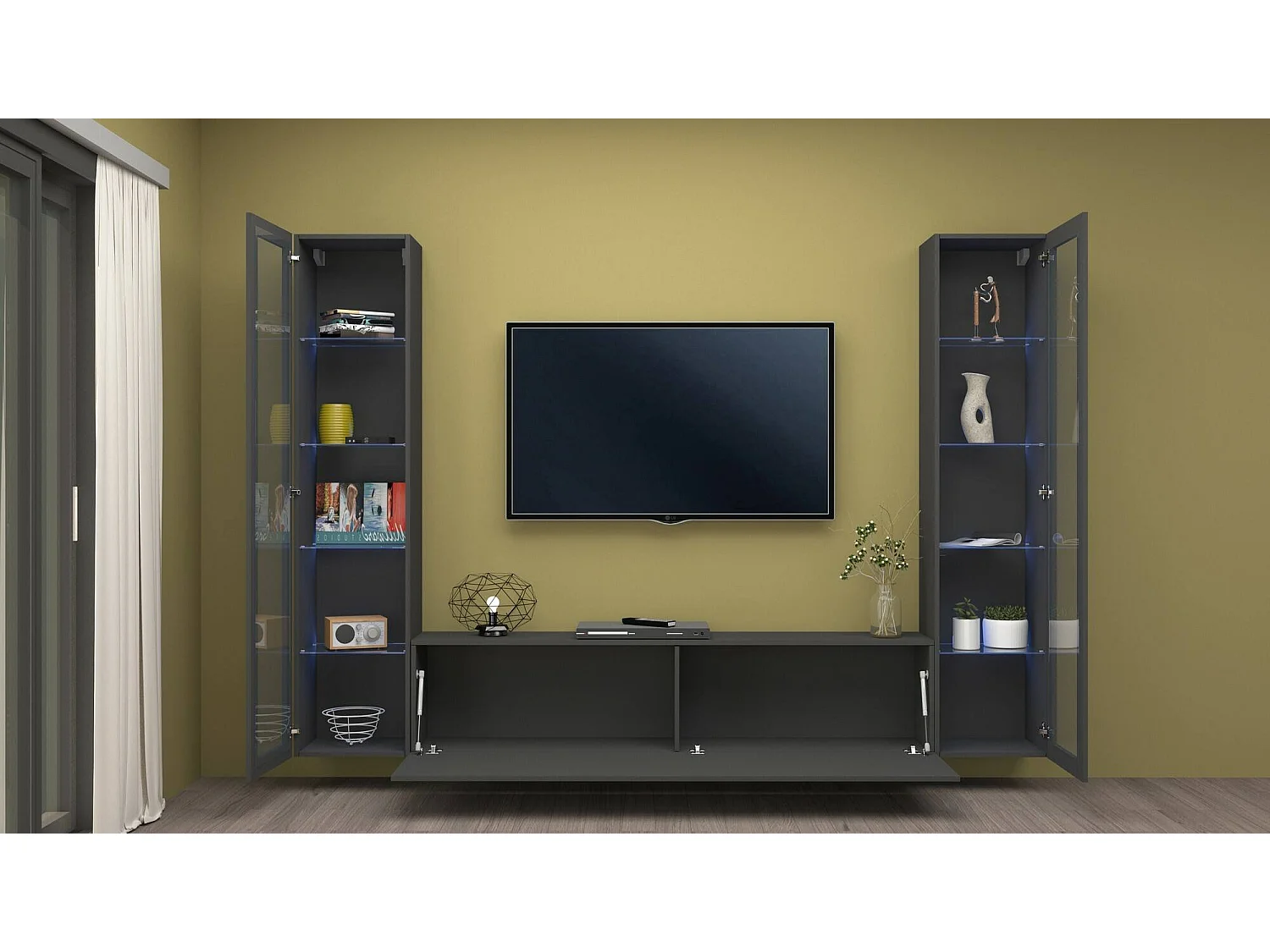 Élément mural Dduc, meuble TV 3 portes, meuble de salon polyvalent avec vitrine et lumière LED, 100% Made in Italy, 260x30h180 cm, Anthracite