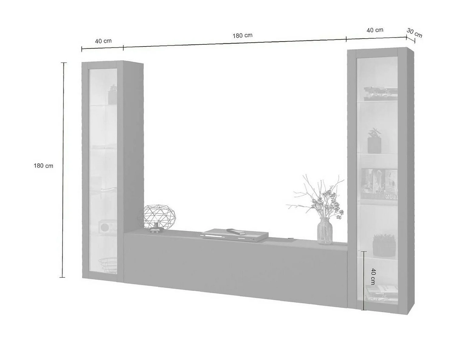 Dduc wandmeubel, 3-deurs TV-meubel woonkamerset, Multifunctioneel woonkamermeubel met vitrine en LED-licht, 100% Made in Italy, 260x30h180 cm, Antraciet