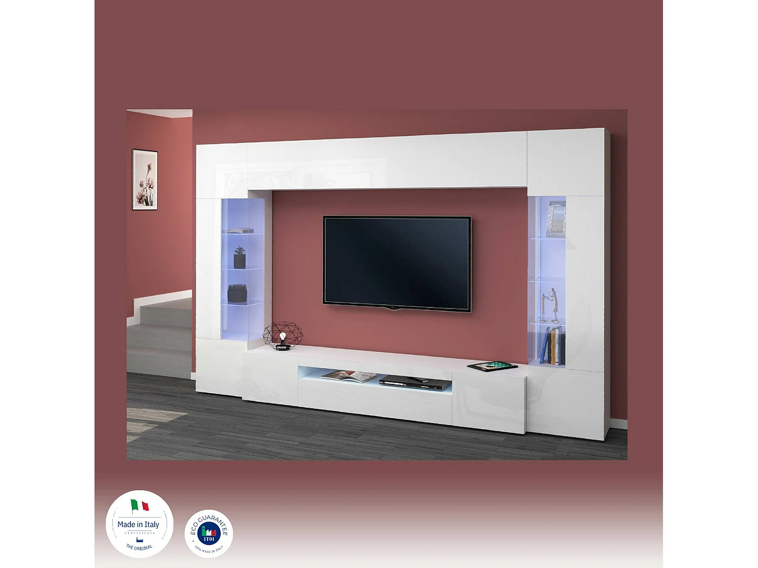 Système mural Dberard, meuble TV 6 portes, Meuble de salon polyvalent avec lumière LED, 100% Made in Italy, 290x40h191 cm, Blanc brillant