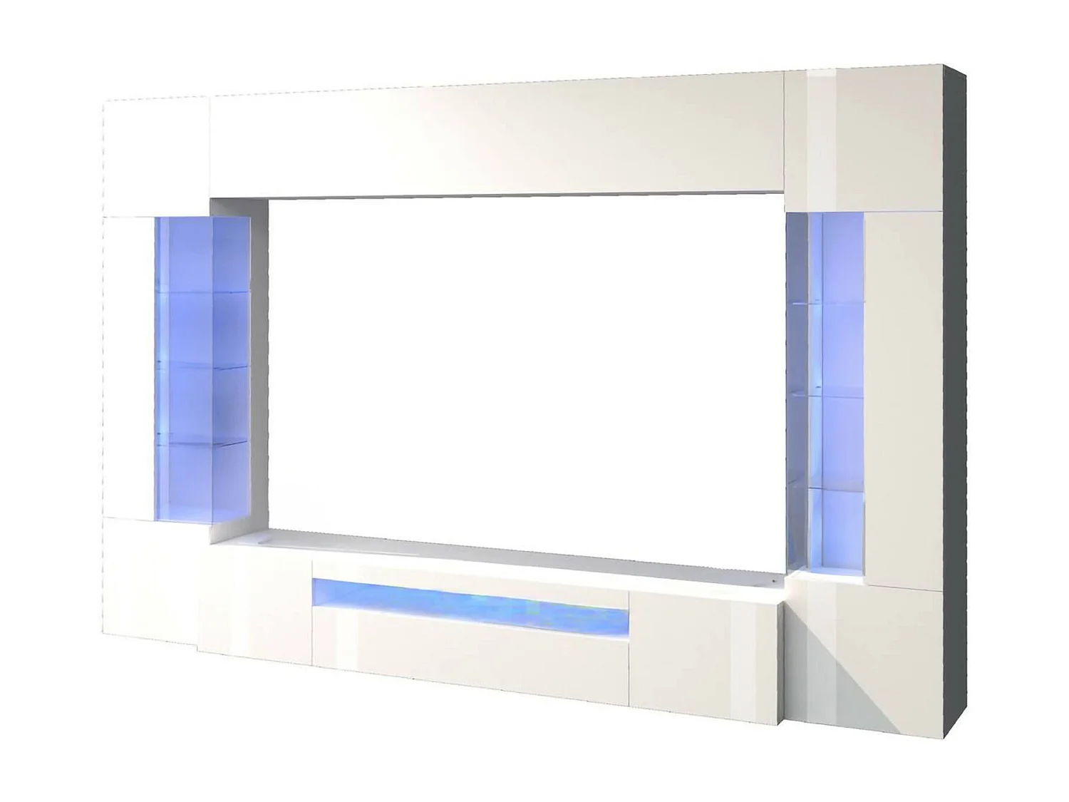 Sistema de parede Dberard, conjunto de sala de TV com 6 portas, móveis de sala multiuso com luz LED, 100% Made in Italy, 290x40h191 cm, branco brilhante