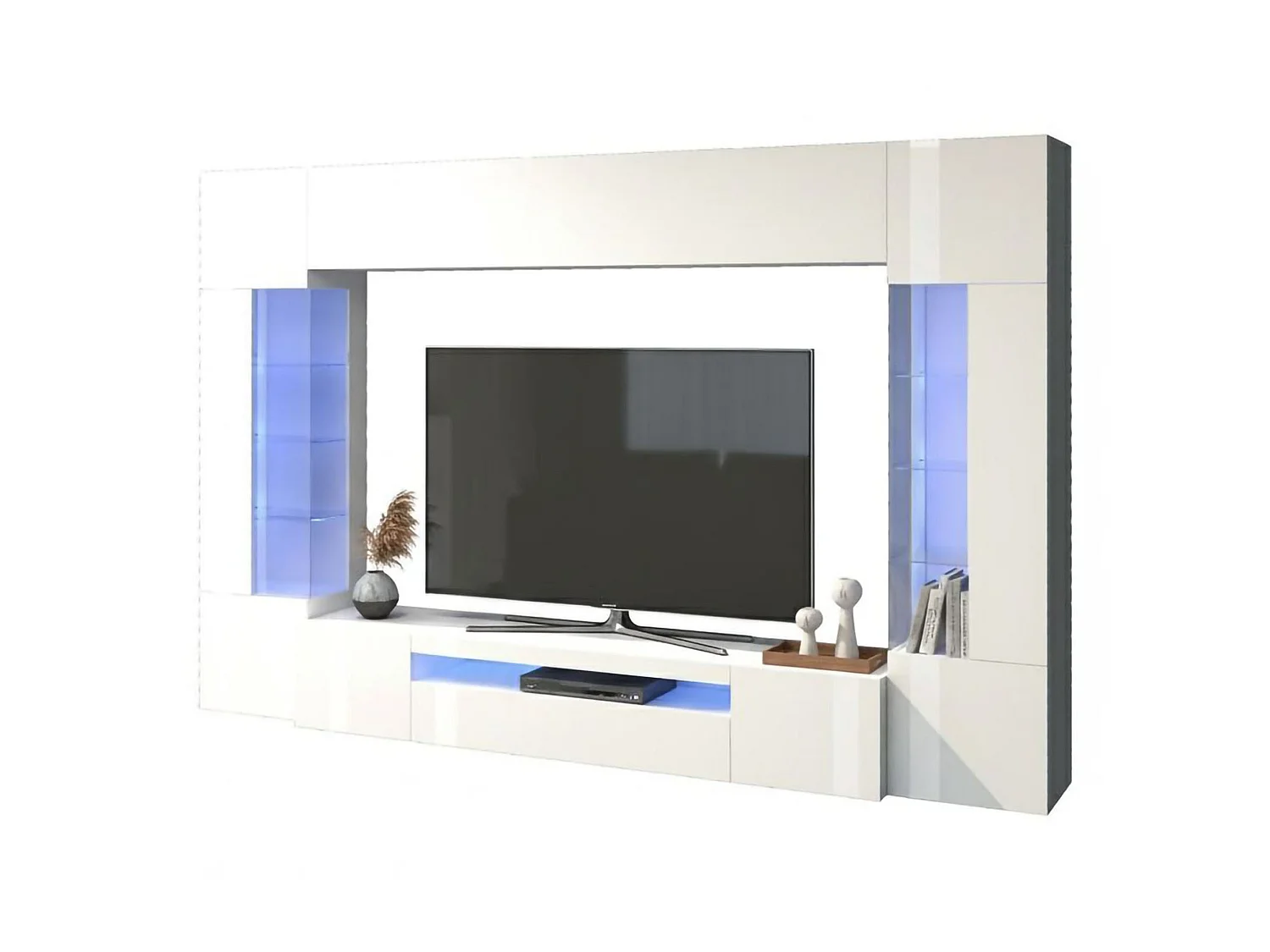 Système mural Dberard, meuble TV 6 portes, Meuble de salon polyvalent avec lumière LED, 100% Made in Italy, 290x40h191 cm, Blanc brillant