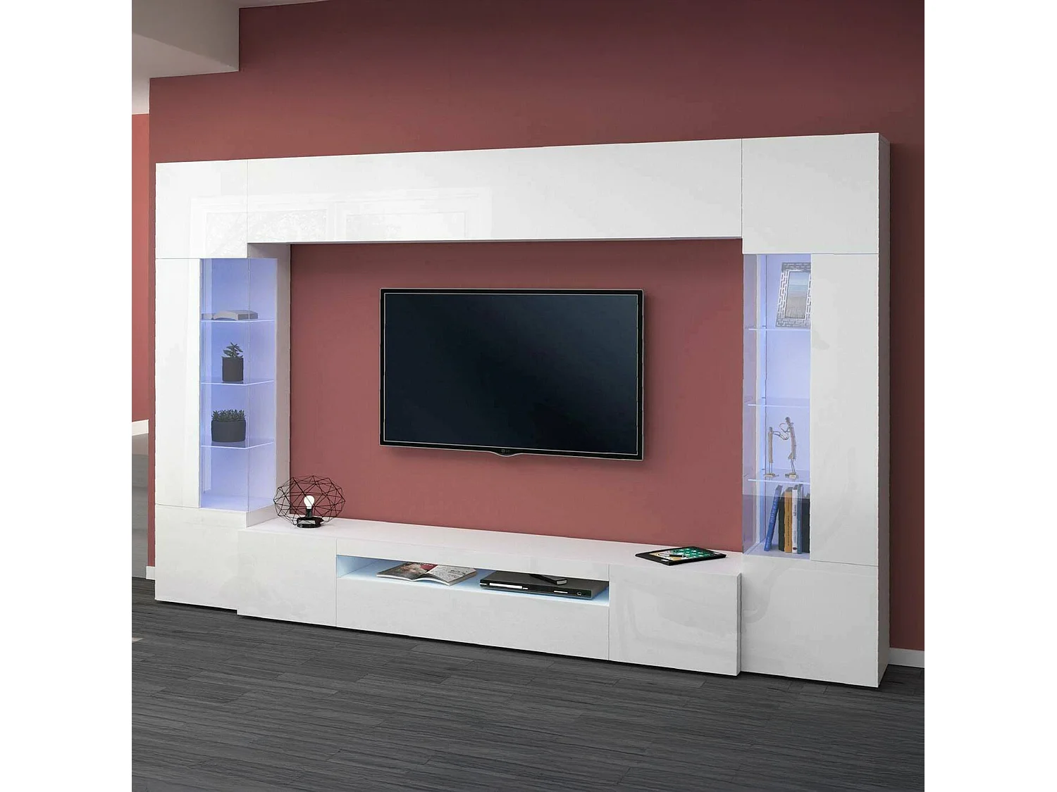 Système mural Dberard, meuble TV 6 portes, Meuble de salon polyvalent avec lumière LED, 100% Made in Italy, 290x40h191 cm, Blanc brillant