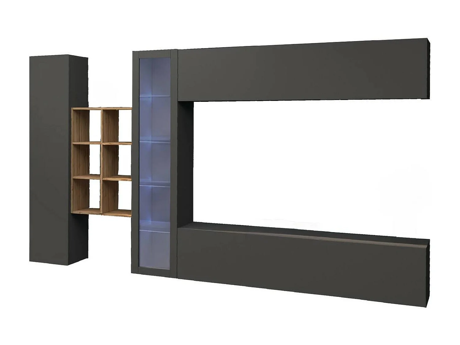 Dcavio wandyteem, 4-deur TV-meubel woonkameret, Multifunctioneel woonkamermeubel met vitrine en LED-licht, 100% Made in Italy, 280x30h180 cm, Antraciet en Edoorn