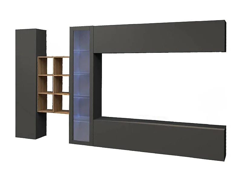 Wohnzimmermöbel Dcavio, Wohnzimmer-Set TV-Möbel mit 4 Türen, Mehrzweck-Wohnmöbel mit Vitrine und LED-Licht, 100% Made in Italy, cm 280x30h180, Anthrazit und Ahorn
