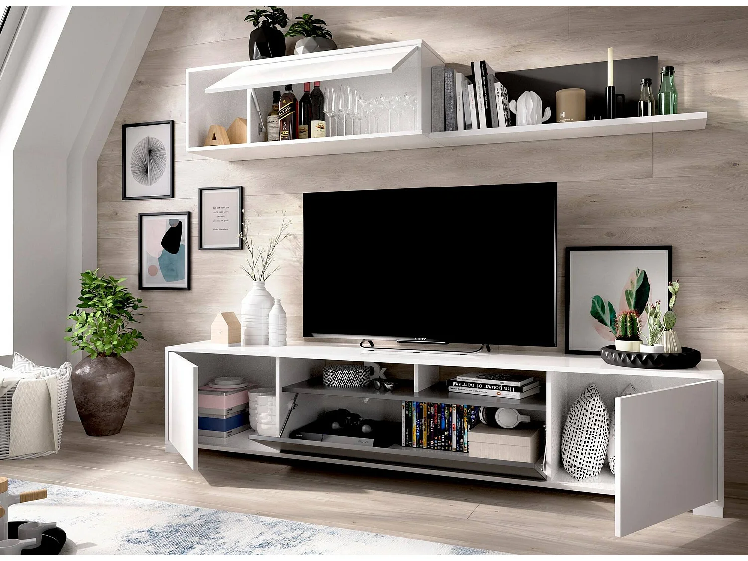 Dfalcon wandsysteem, TV-meubel woonkamerset, Multifunctioneel woonkamermeubilair, 200x41h180 cm, Wit en Antraciet