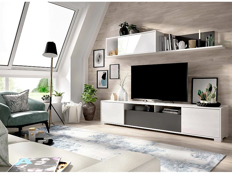 Système mural Dfalcon, meuble TV pour salon, meuble de salon polyvalent, 200x41h180 cm, blanc et anthracite