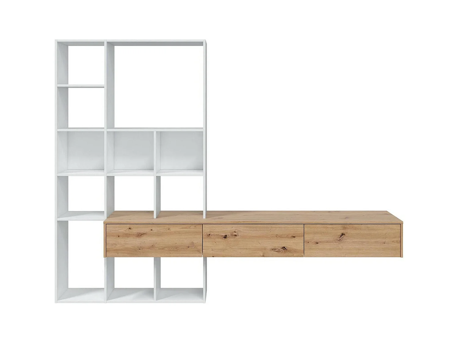 Élément mural Dnovelli, Ensemble de salon avec 3 tiroirs, Bibliothèque de salon polyvalente, 226x28h173 cm, Blanc et Chêne Noeud