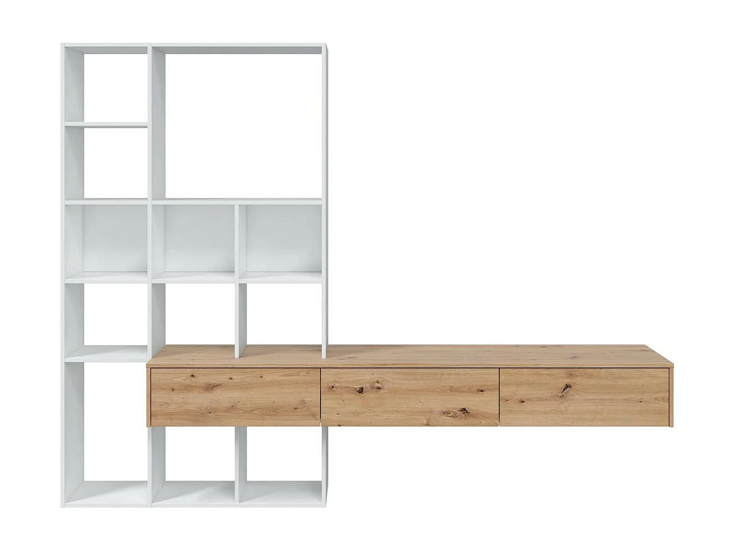 Sistema de parede Dnovelli, Conjunto de sala com 3 gavetas, Estante multiuso para sala, 226x28h173 cm, Branco e Carvalho Nó