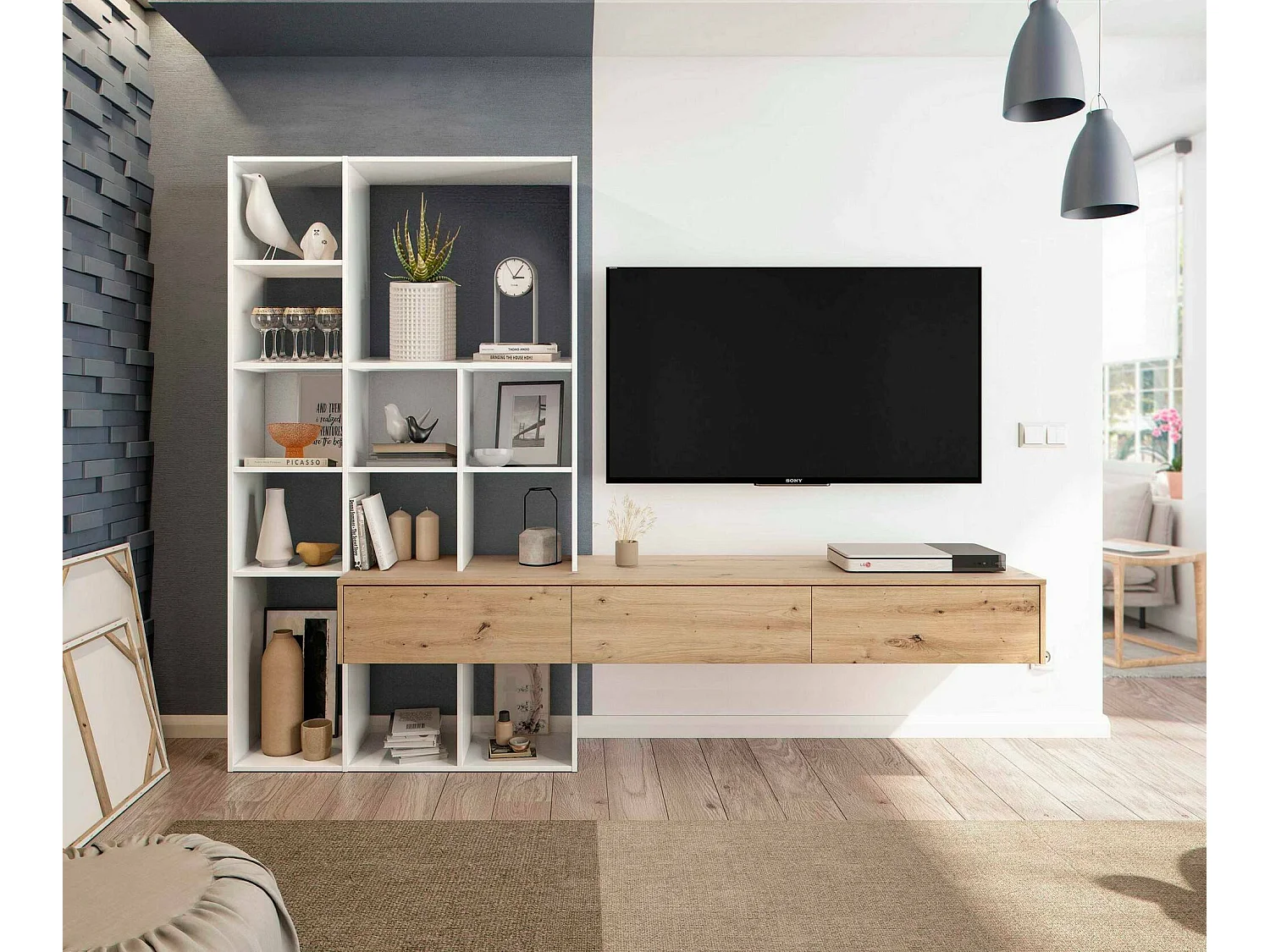 Sistema de parede Dnovelli, Conjunto de sala com 3 gavetas, Estante multiuso para sala, 226x28h173 cm, Branco e Carvalho Nó