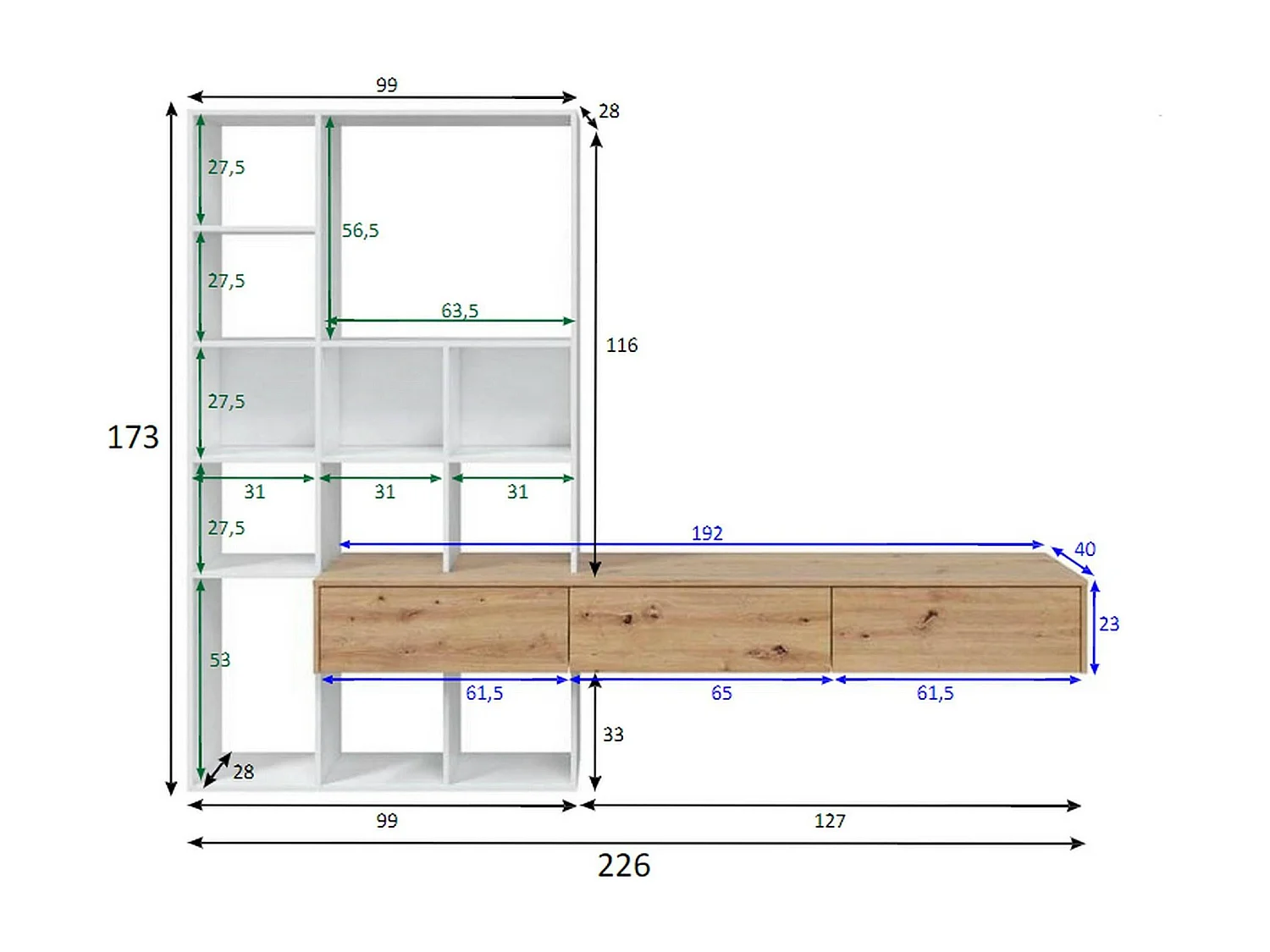 Sistema de parede Dnovelli, Conjunto de sala com 3 gavetas, Estante multiuso para sala, 226x28h173 cm, Branco e Carvalho Nó