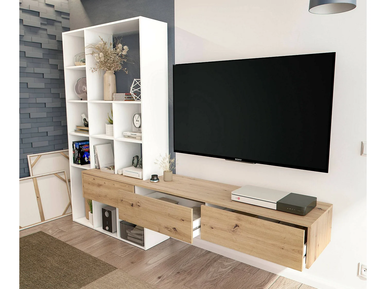Sistema de parede Dnovelli, Conjunto de sala com 3 gavetas, Estante multiuso para sala, 226x28h173 cm, Branco e Carvalho Nó