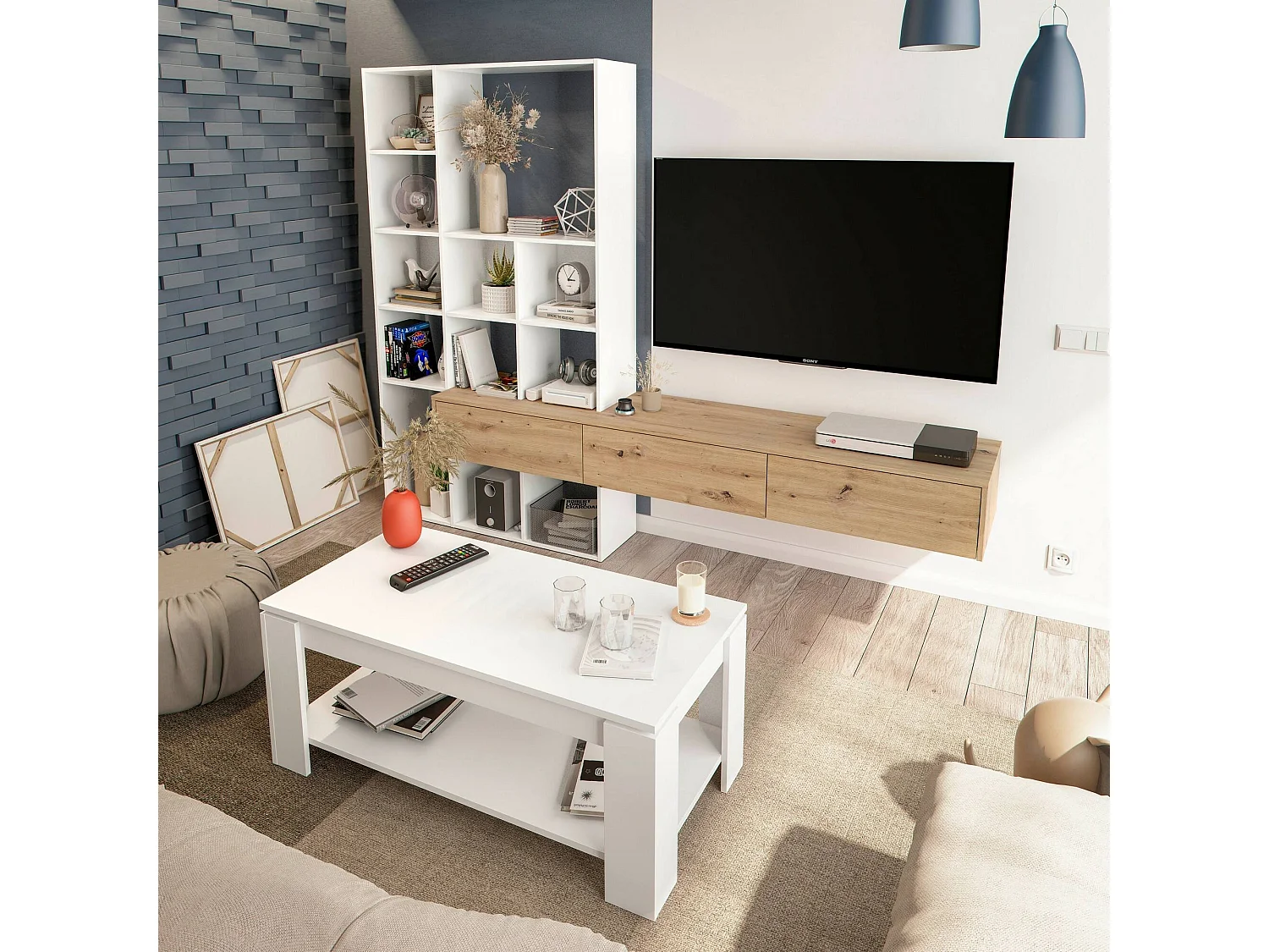 Sistema de parede Dnovelli, Conjunto de sala com 3 gavetas, Estante multiuso para sala, 226x28h173 cm, Branco e Carvalho Nó