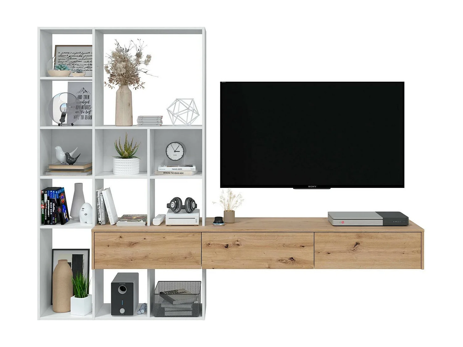 Sistema de parede Dnovelli, Conjunto de sala com 3 gavetas, Estante multiuso para sala, 226x28h173 cm, Branco e Carvalho Nó