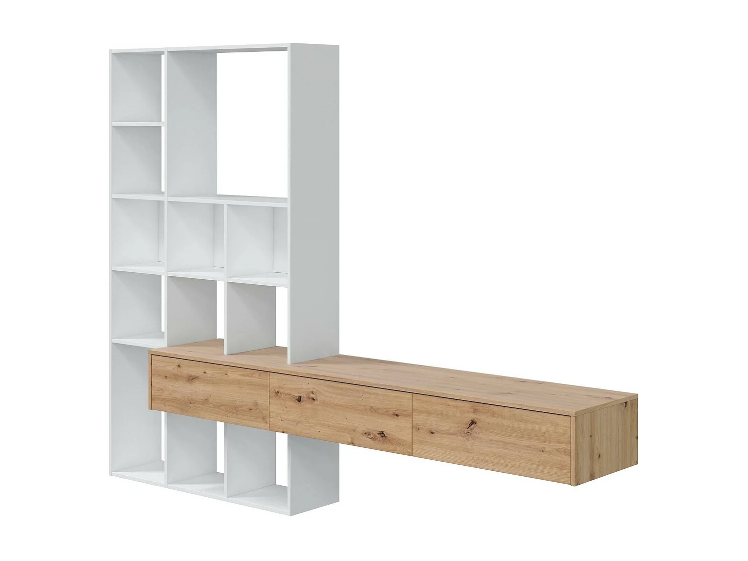 Sistema de parede Dnovelli, Conjunto de sala com 3 gavetas, Estante multiuso para sala, 226x28h173 cm, Branco e Carvalho Nó