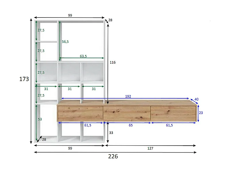 Sistema de parede Dnovelli, Conjunto de sala com 3 gavetas, Estante multiuso para sala, 226x28h173 cm, Branco e Carvalho Nó