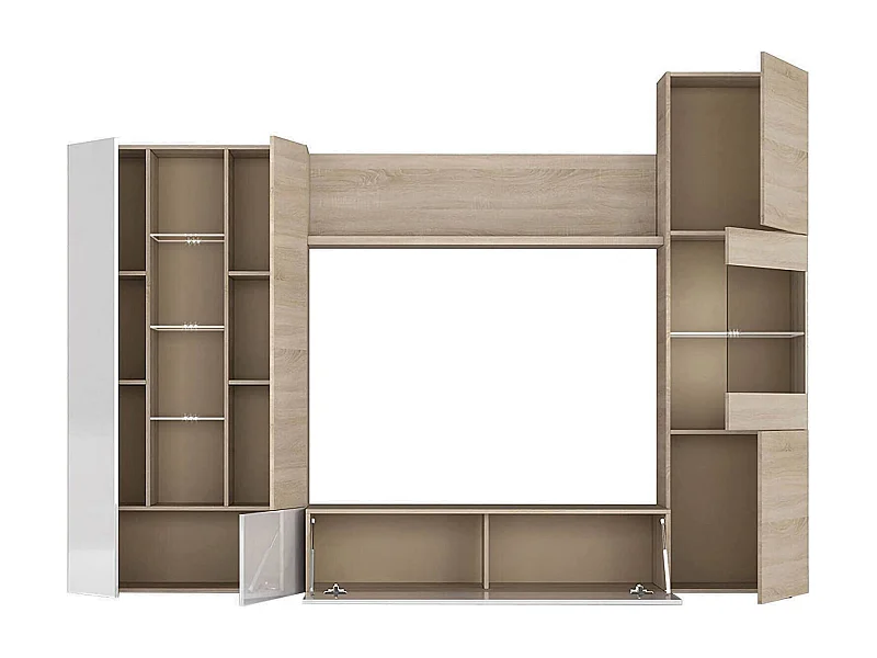 Système mural Dmaj, Meuble TV modulaire pour salon, Composition de salon avec éléments muraux et vitrines et lumière LED, 260x42h185 cm, Chêne et Blanc