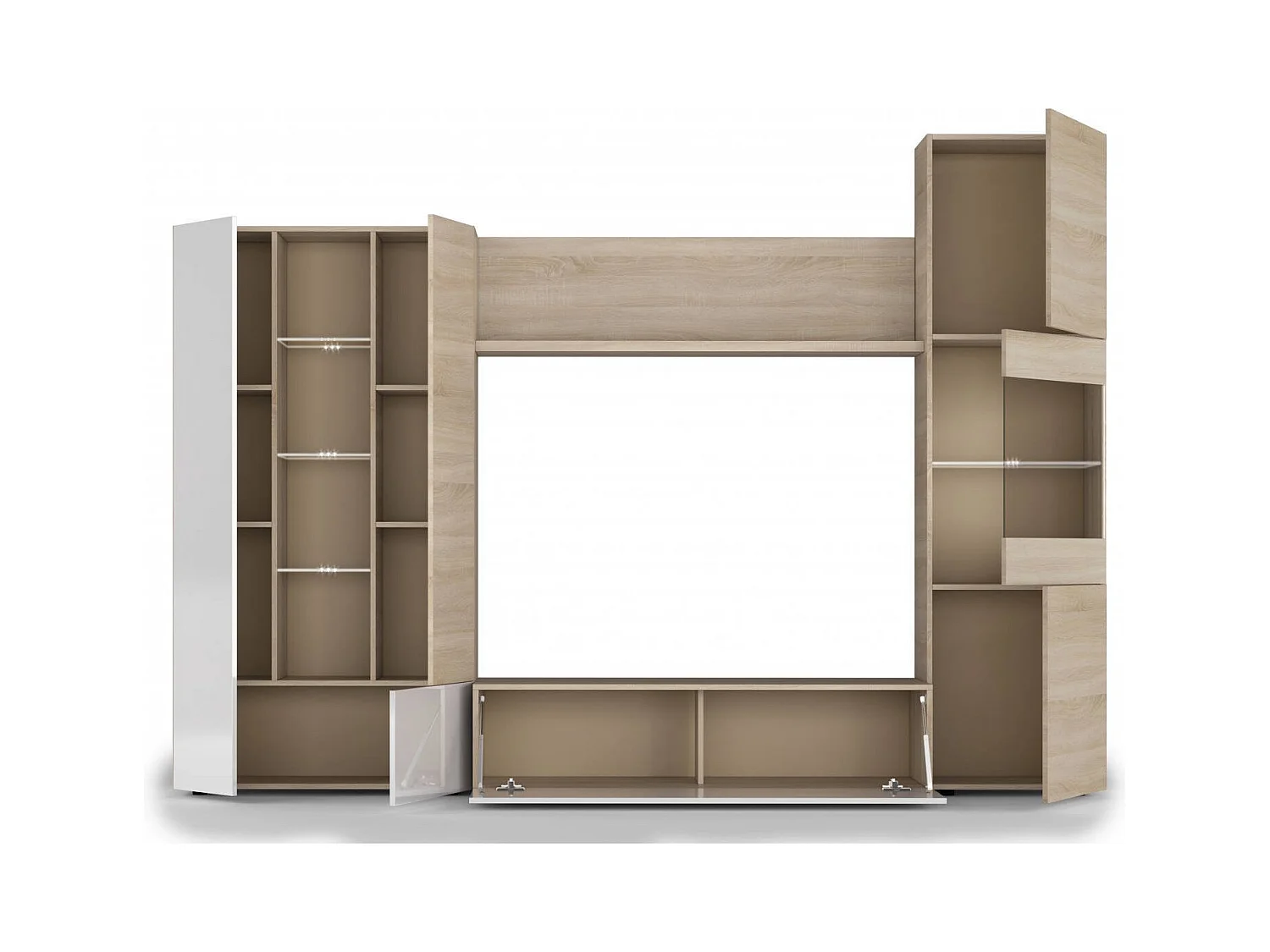 Système mural Dmaj, Meuble TV modulaire pour salon, Composition de salon avec éléments muraux et vitrines et lumière LED, 260x42h185 cm, Chêne et Blanc