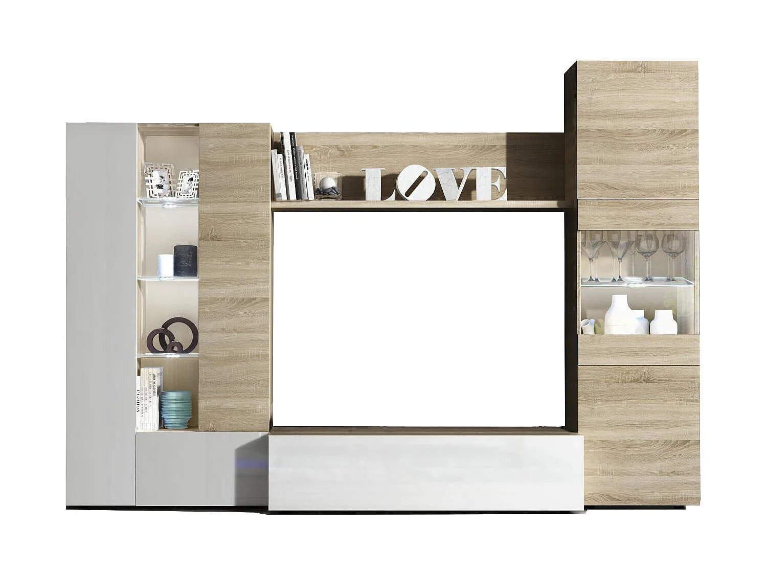 Dmaj wandsysteem, Modulair TV-meubel woonkamermeubel, Woonkamercompositie met bovenkasten en vitrines en LED-licht, 260x42h185 cm, Eiken en Wit