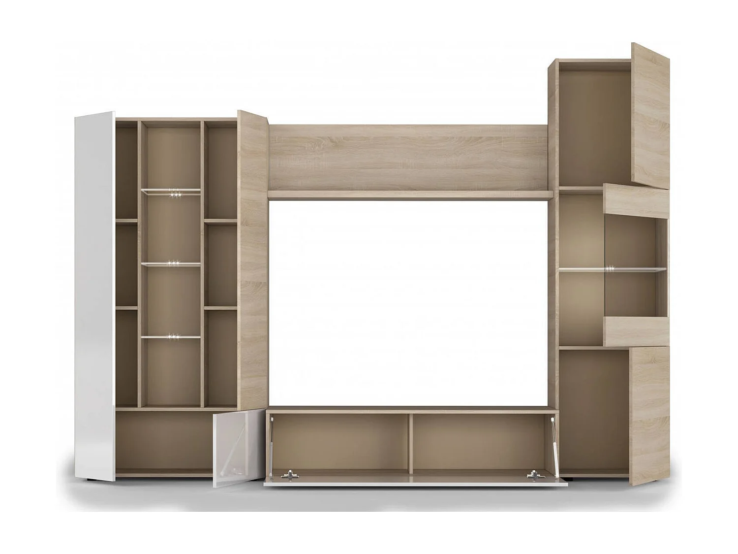 Système mural Dmaj, Meuble TV modulaire pour salon, Composition de salon avec éléments muraux et vitrines et lumière LED, 260x42h185 cm, Chêne et Blanc