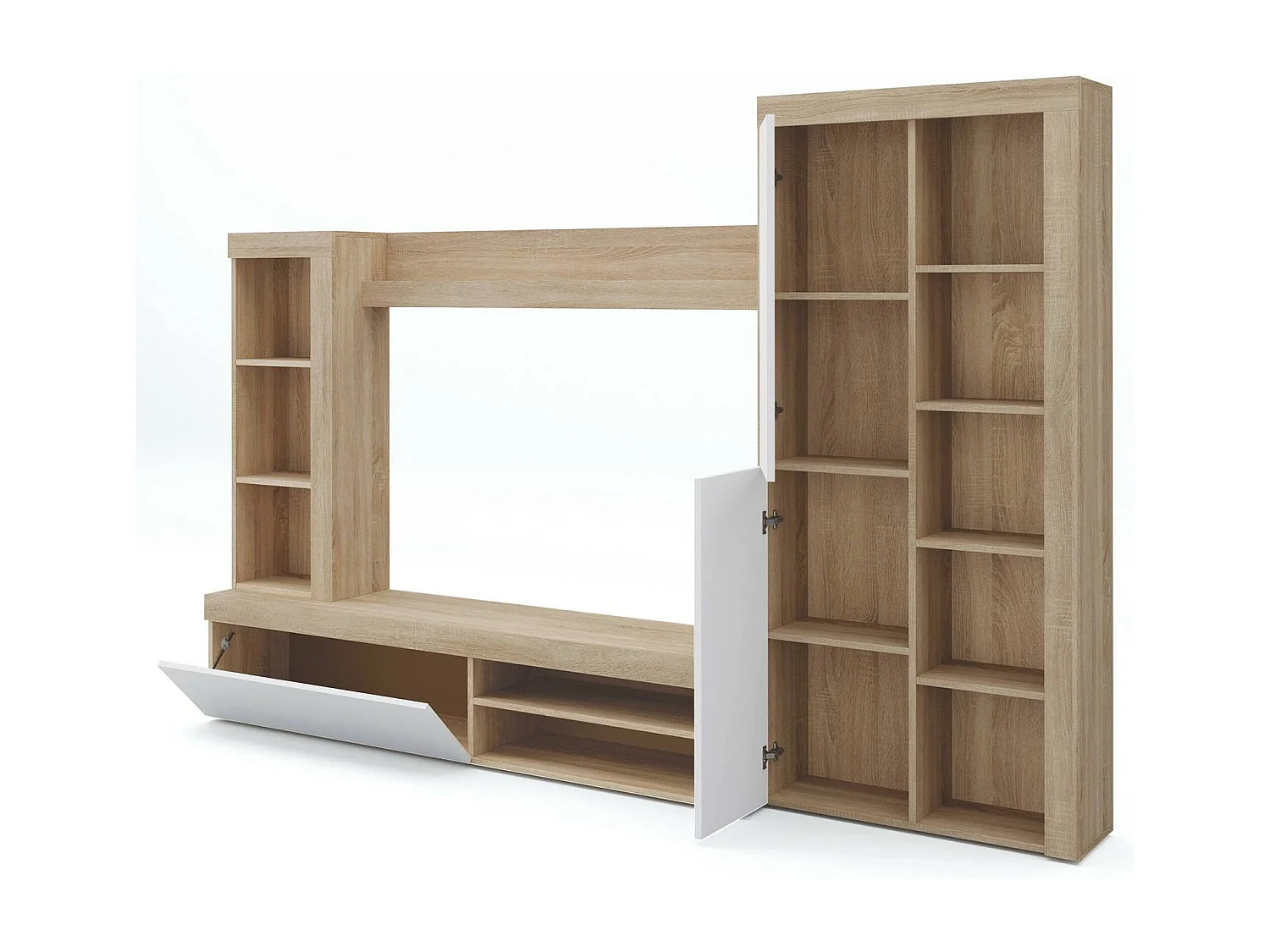 Système mural Dmurar, Ensemble de salon moderne, Meubles de salon polyvalents, 240x30h175 cm, Blanc et Chêne