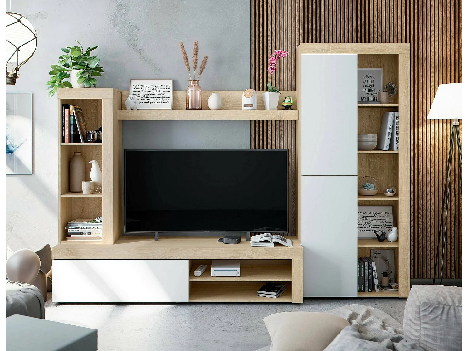 Système mural Dmurar, Ensemble de salon moderne, Meubles de salon polyvalents, 240x30h175 cm, Blanc et Chêne