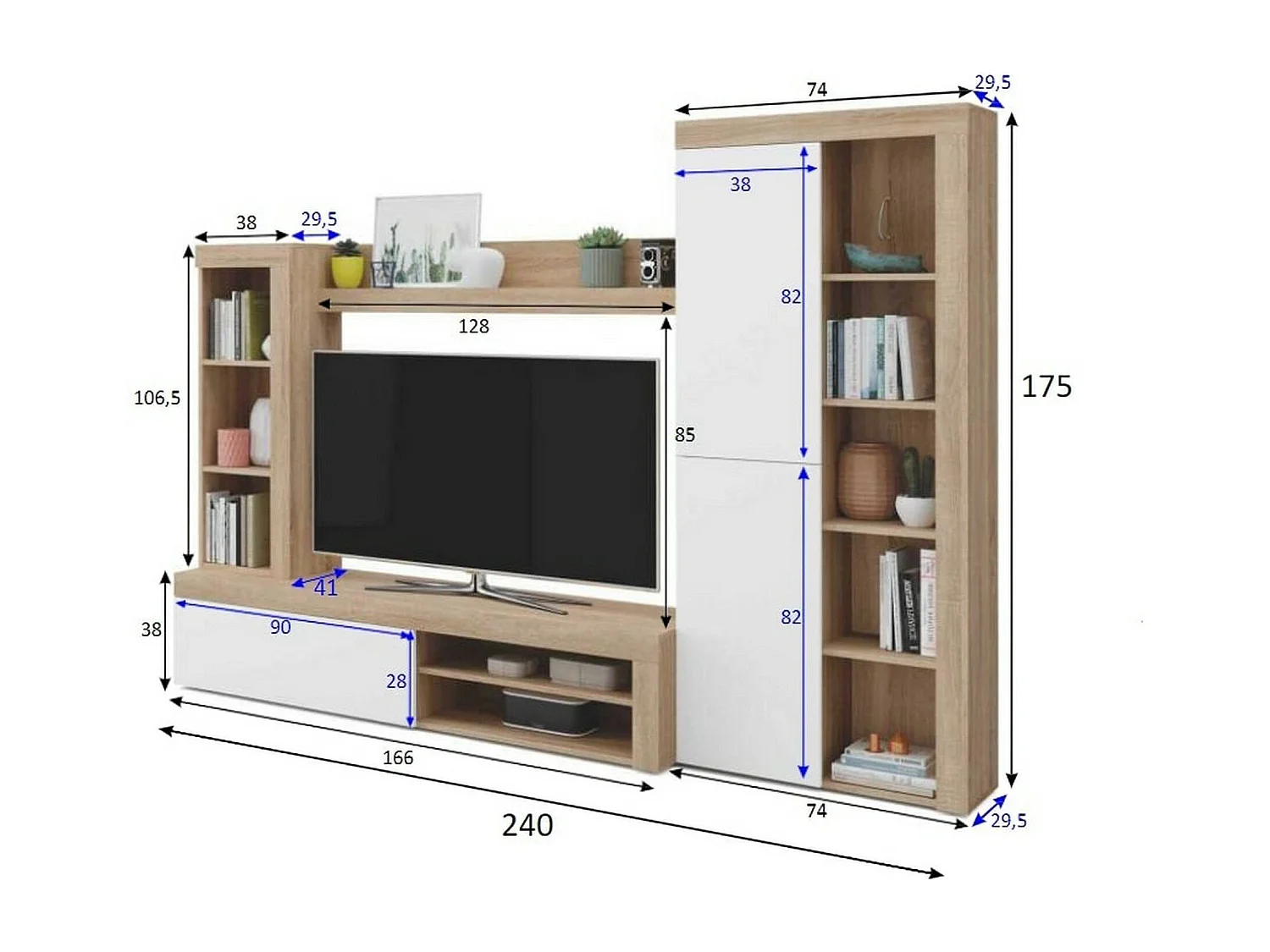 Système mural Dmurar, Ensemble de salon moderne, Meubles de salon polyvalents, 240x30h175 cm, Blanc et Chêne