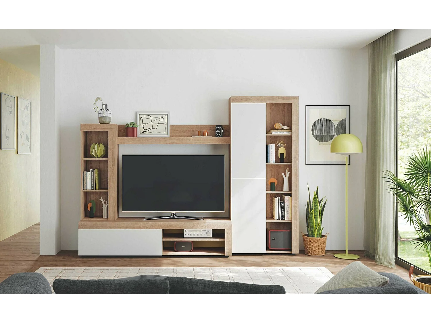 Système mural Dmurar, Ensemble de salon moderne, Meubles de salon polyvalents, 240x30h175 cm, Blanc et Chêne