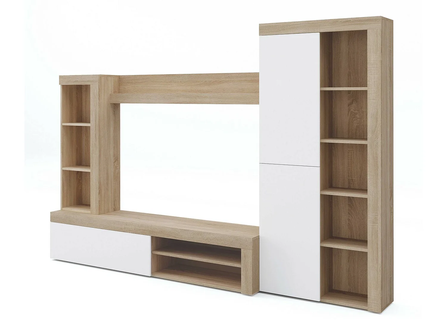 Système mural Dmurar, Ensemble de salon moderne, Meubles de salon polyvalents, 240x30h175 cm, Blanc et Chêne