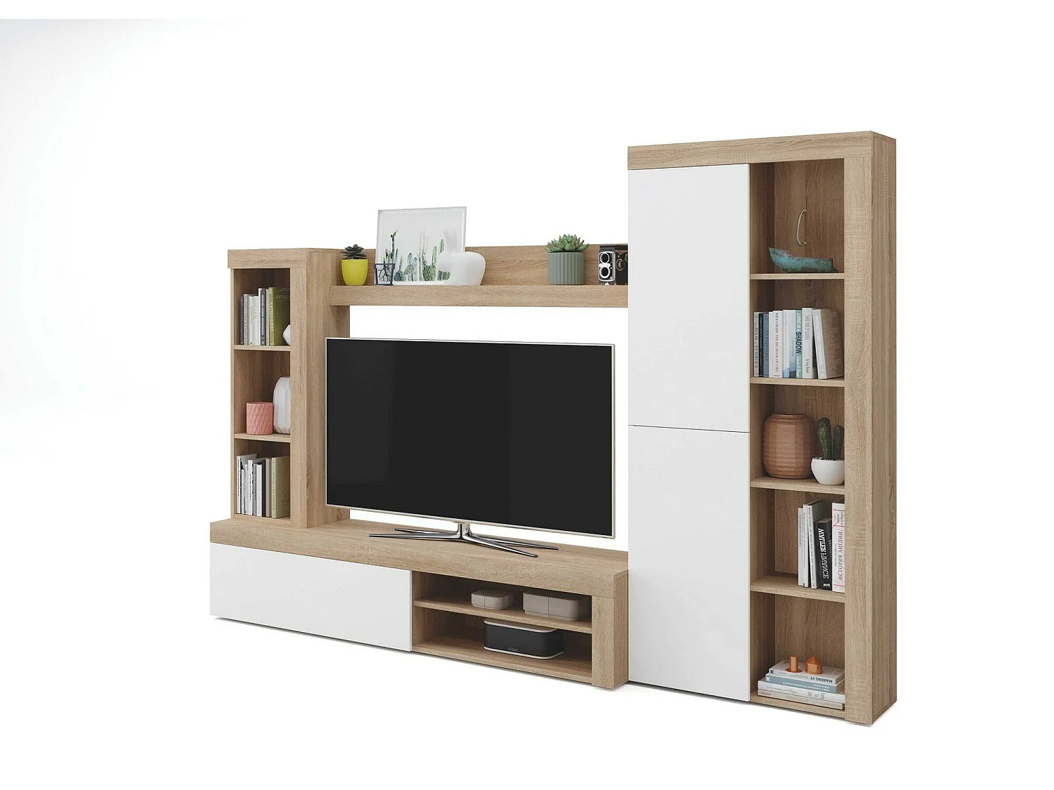 Système mural Dmurar, Ensemble de salon moderne, Meubles de salon polyvalents, 240x30h175 cm, Blanc et Chêne