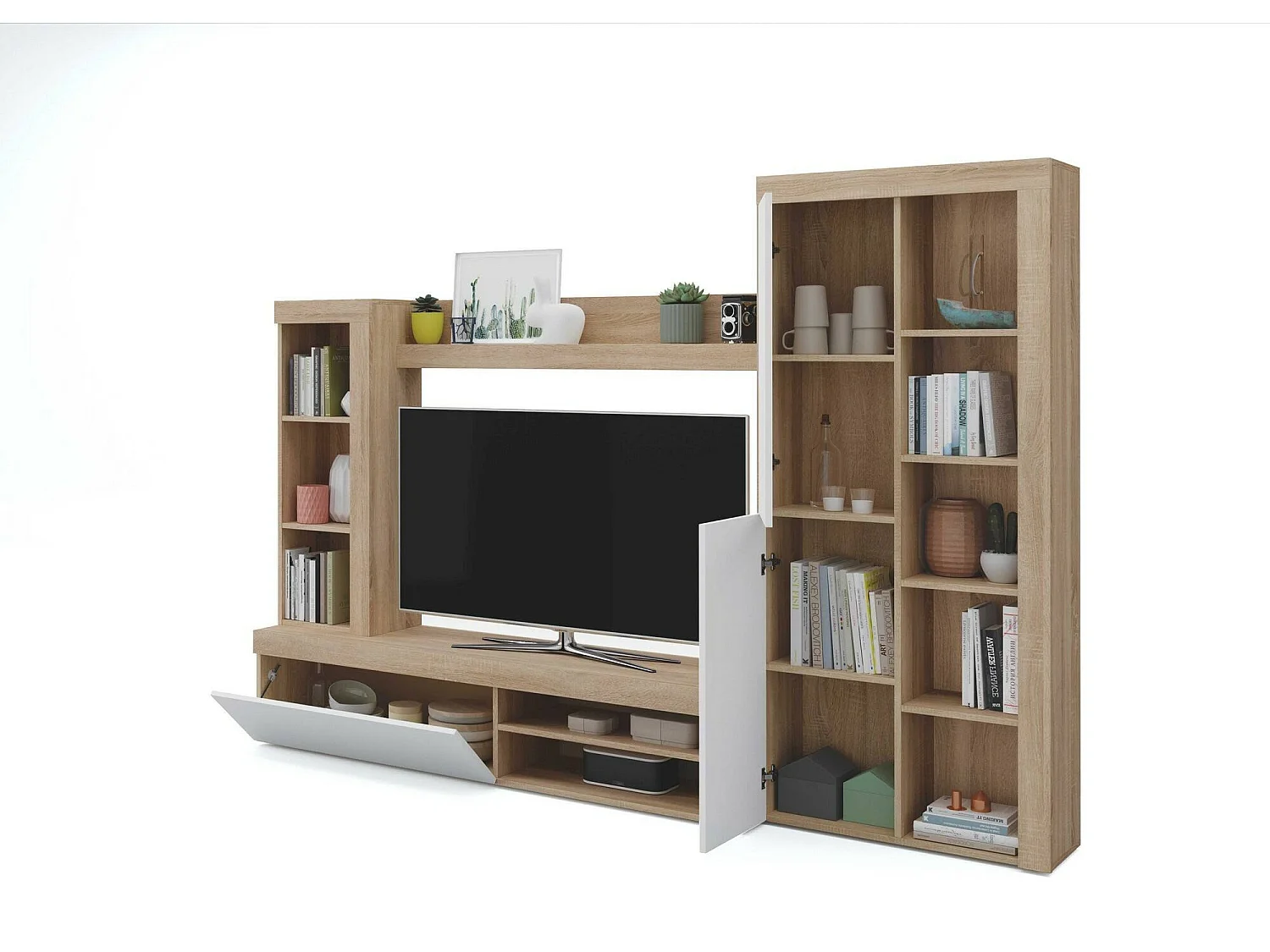Système mural Dmurar, Ensemble de salon moderne, Meubles de salon polyvalents, 240x30h175 cm, Blanc et Chêne