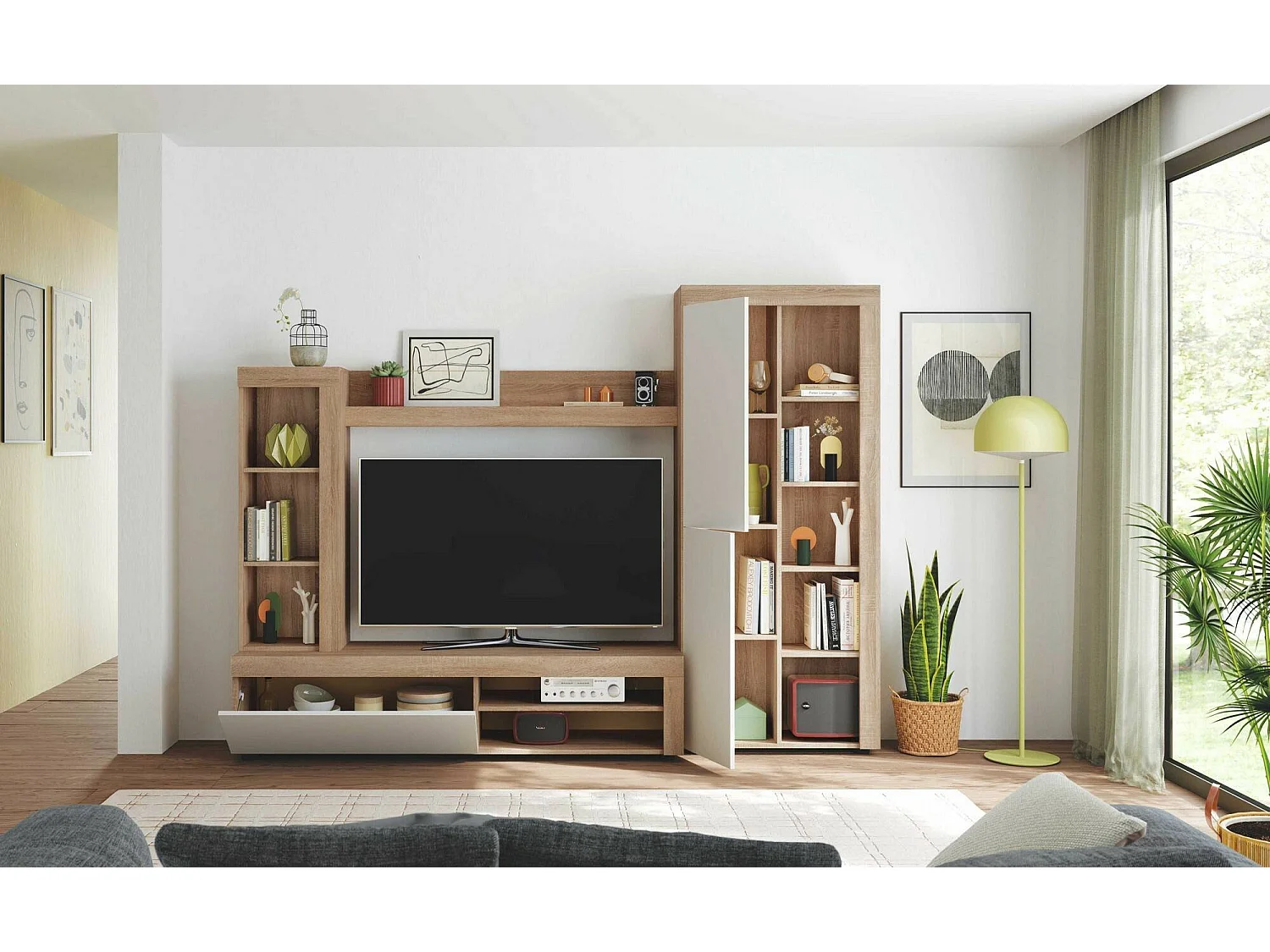 Système mural Dmurar, Ensemble de salon moderne, Meubles de salon polyvalents, 240x30h175 cm, Blanc et Chêne