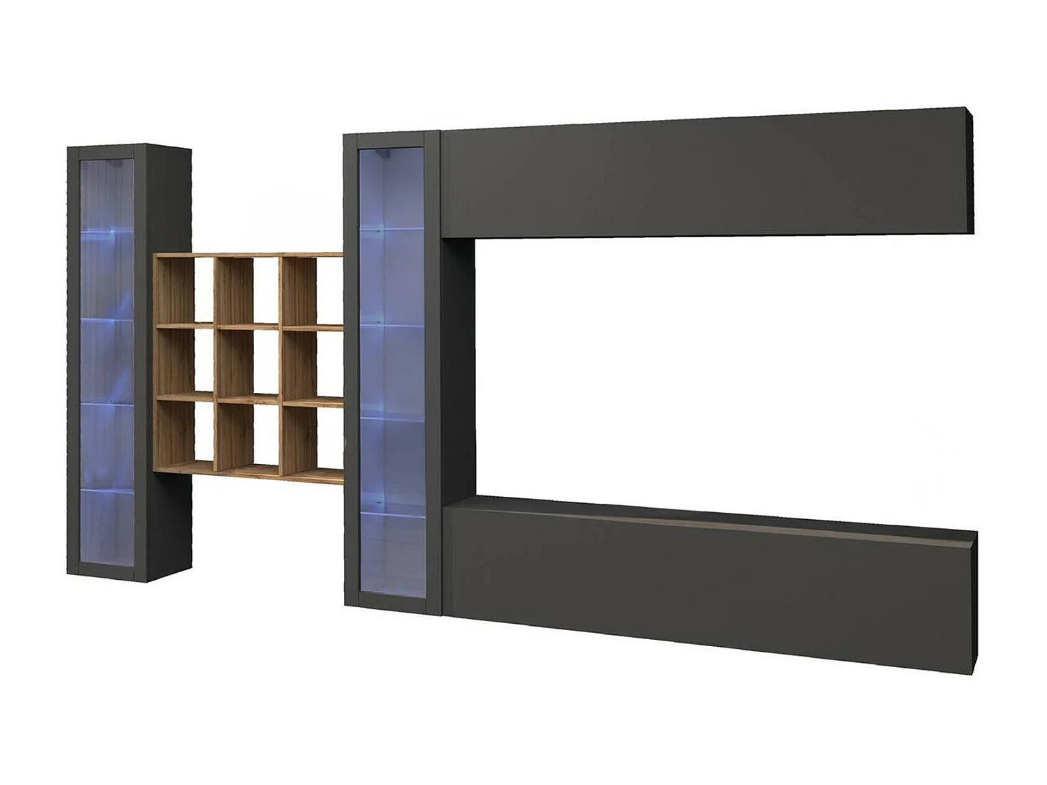 Système mural Dfancon, ensemble de salon meuble TV 4 portes, meuble de salon polyvalent avec vitrine et lumière LED, 100% Made in Italy, 350x30h180 cm, Anthracite