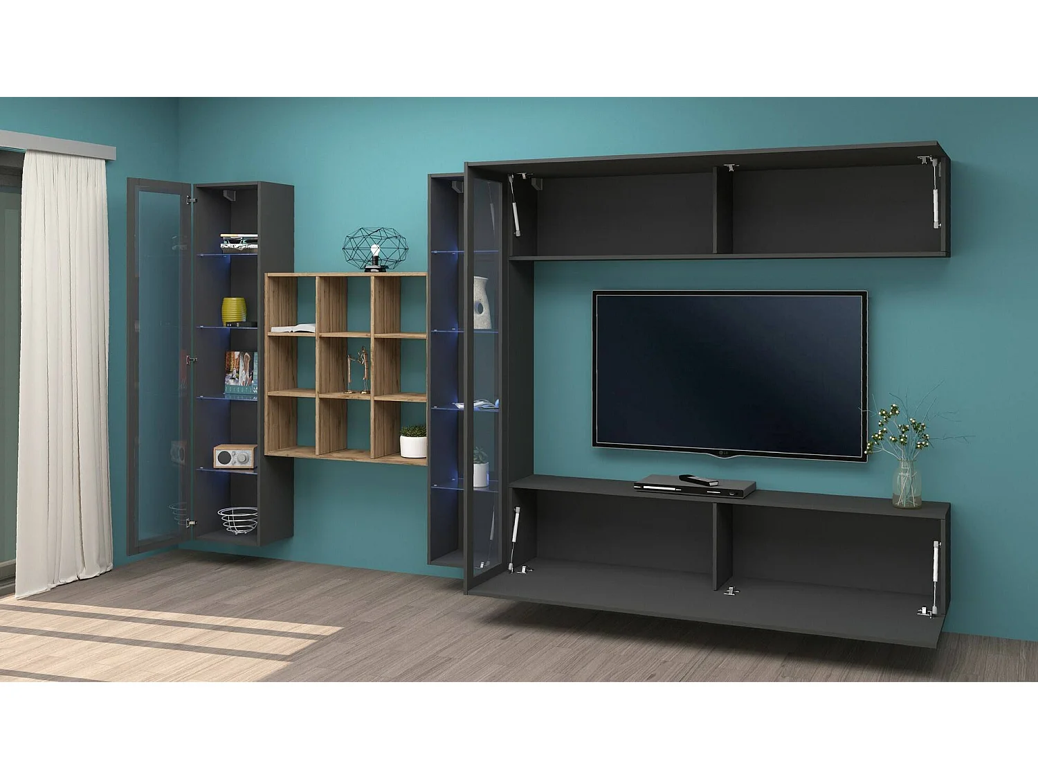 Système mural Dfancon, ensemble de salon meuble TV 4 portes, meuble de salon polyvalent avec vitrine et lumière LED, 100% Made in Italy, 350x30h180 cm, Anthracite